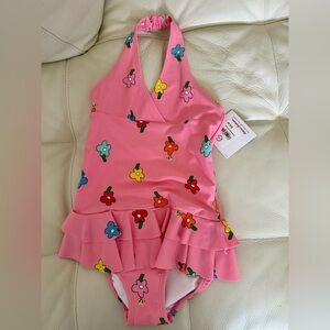 Hanna Andersson Girls NWT Pink Floral One Piece Swimsuit Ruffled Skirt Size 5